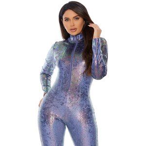 Iridescent Reptile Print Embossed Catsuit Lilac Purple